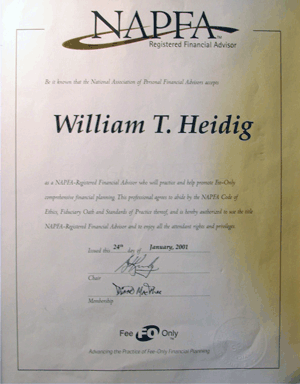 NAPFA Certificate for William T Heidig